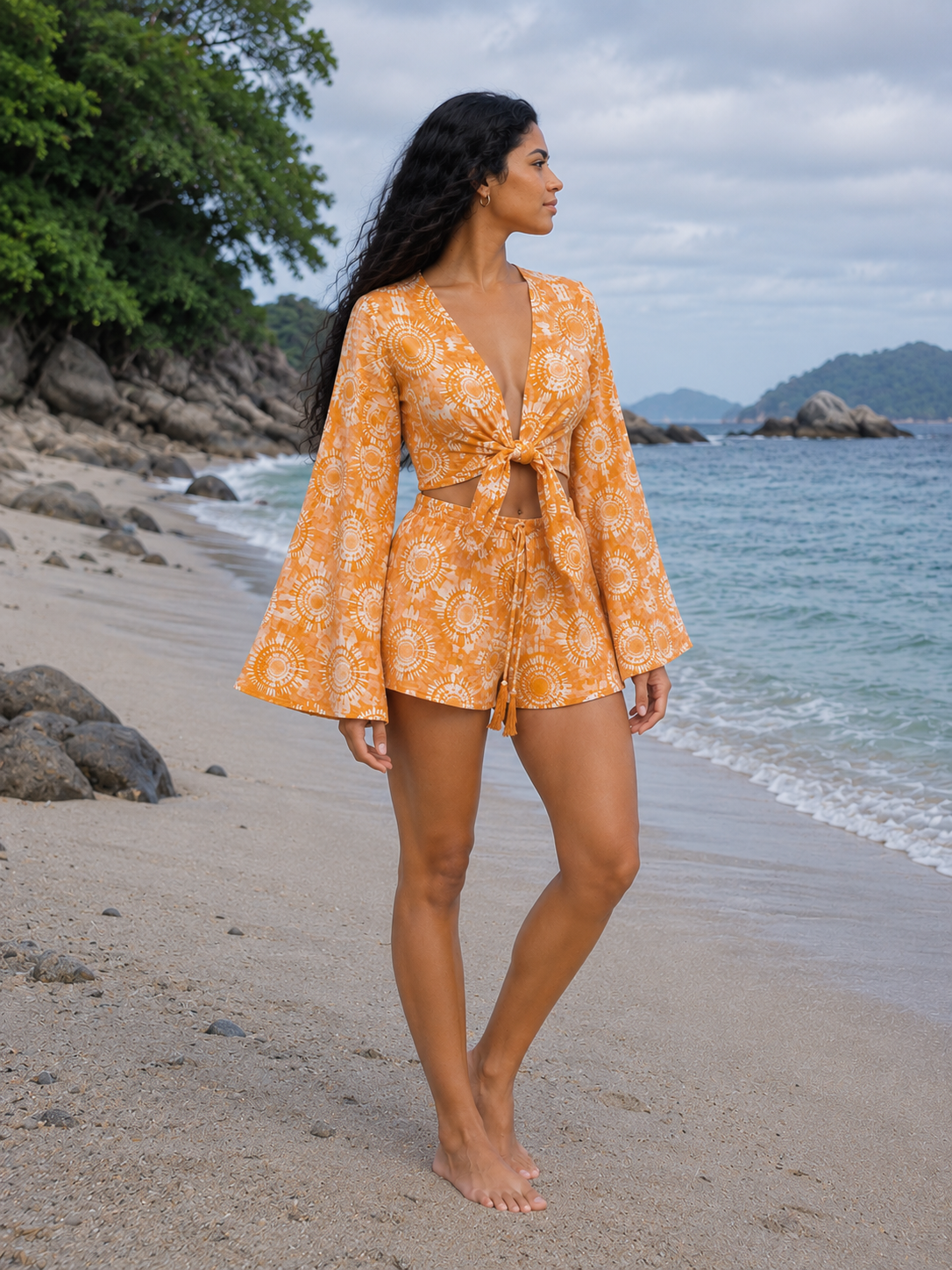 Women’s Mustard Yellow Printed Cotton Beach Wear Set with Bell Sleeve Tie-Up Top & Tassel Shorts