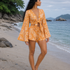 Women’s Mustard Yellow Printed Cotton Beach Wear Set with Bell Sleeve Tie-Up Top & Tassel Shorts
