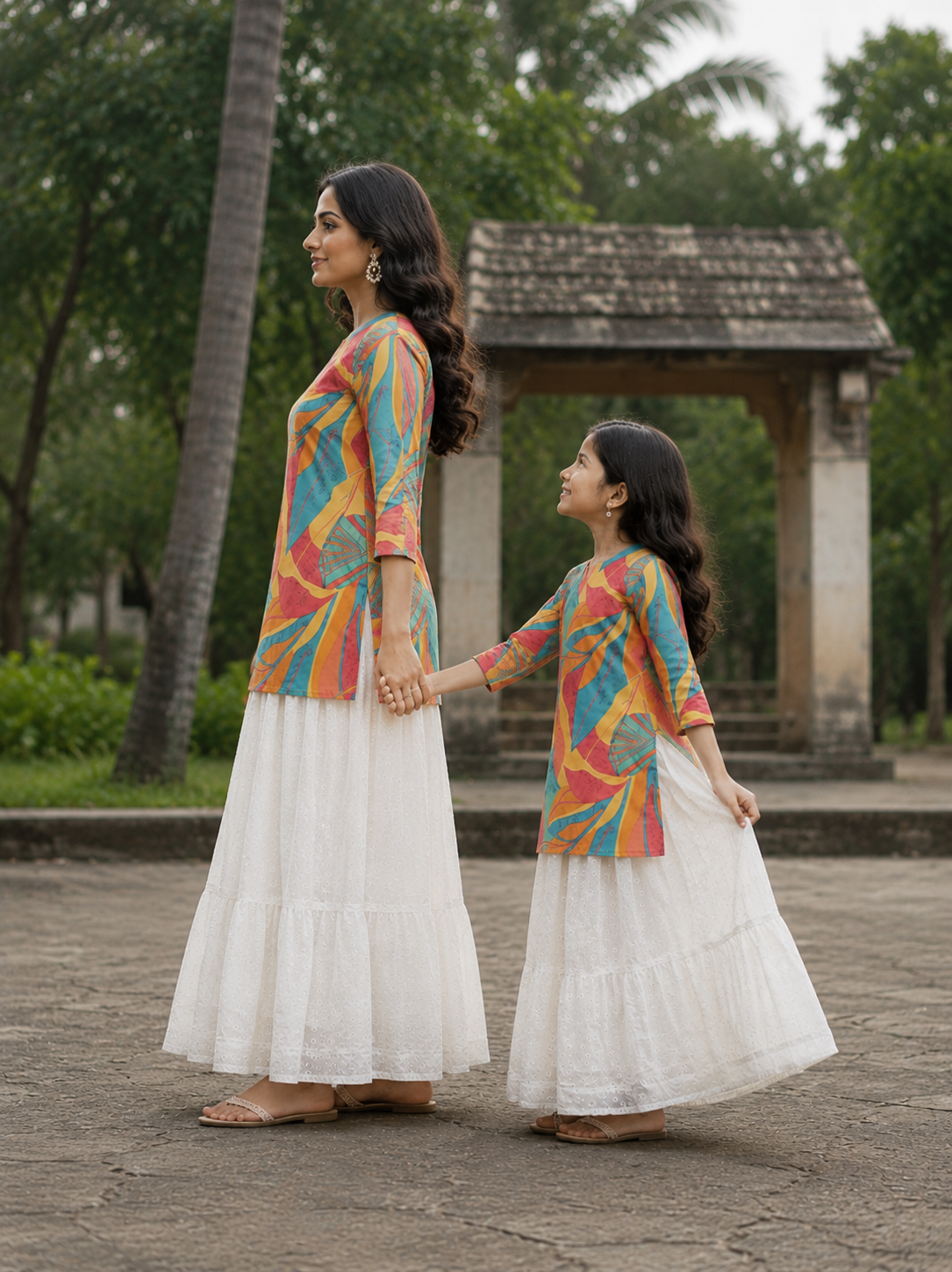 Mom & Daughter Multicolor Printed Kurta with White Tiered Skirt Set