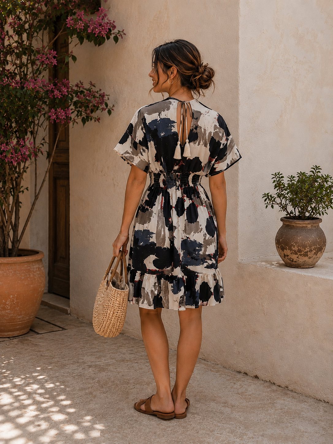 Women’s Abstract Brushstroke Smocked Midi Dress