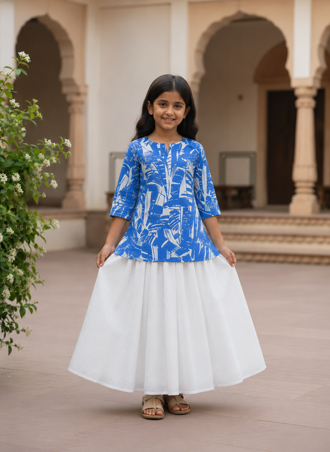 Girl's Royal Blue Abstract Printed Kurta & White Eyelet Flared Skirt Set