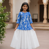 Girl's Royal Blue Abstract Printed Kurta & White Eyelet Flared Skirt Set