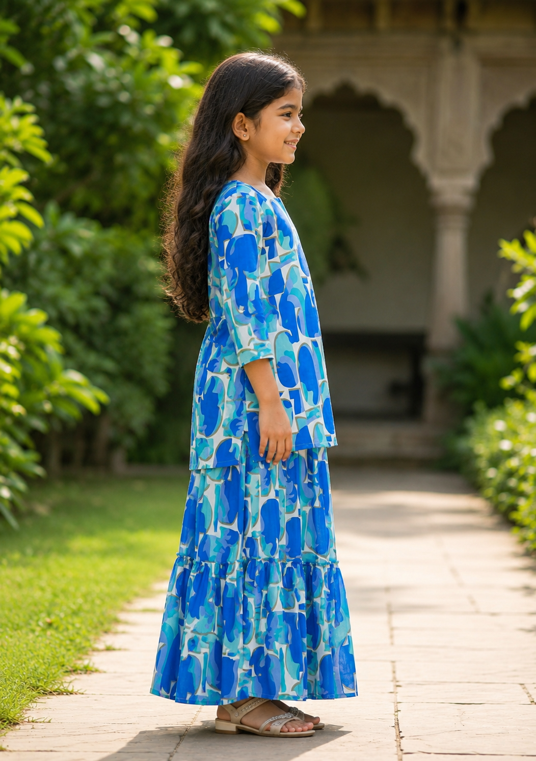 Girl's Blue Printed Kurta with Matching Tiered Flared Skirt Co-ord Set