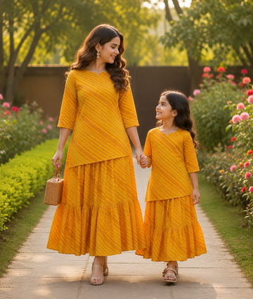 Mom & Daughter Mustard Yellow Printed Kurta & Tiered Skirt Matching Co-ord Set