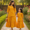 Mom & Daughter Mustard Yellow Printed Kurta & Tiered Skirt Matching Co-ord Set