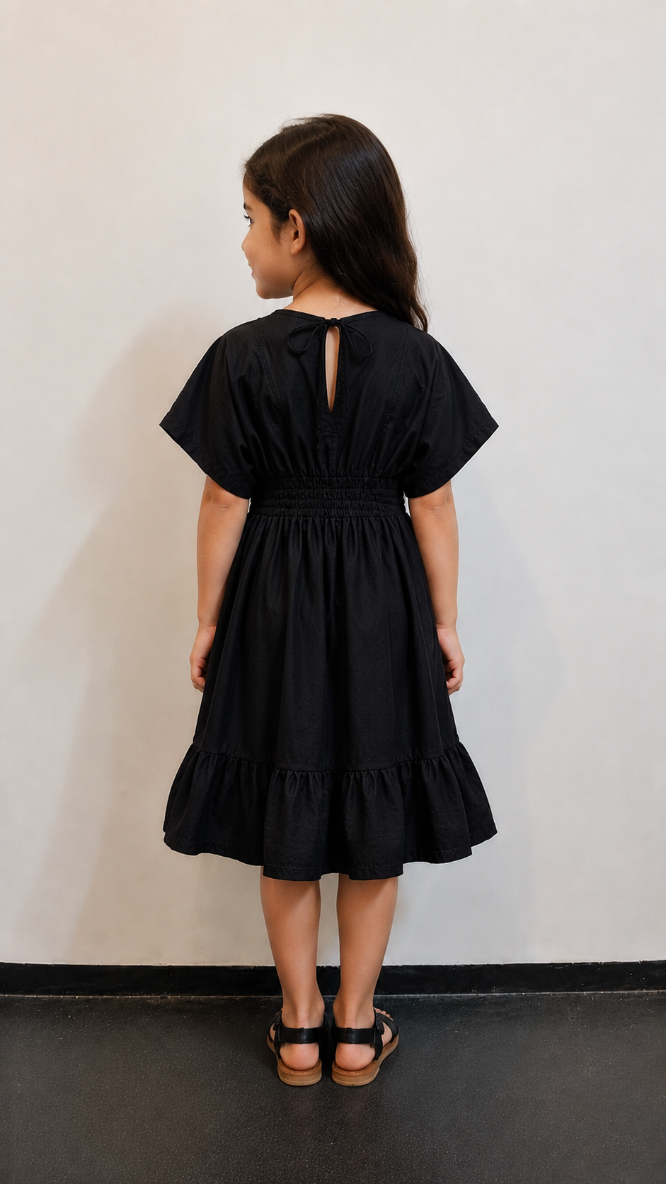 Baby Girls Solid Black Smocked Waist Tassel Tie-Up Flared Dress