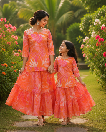 Mom & Daughter Peach Floral Printed Kurta & Tiered Skirt Matching Co-ord Set