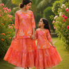 Mom & Daughter Peach Floral Printed Kurta & Tiered Skirt Matching Co-ord Set