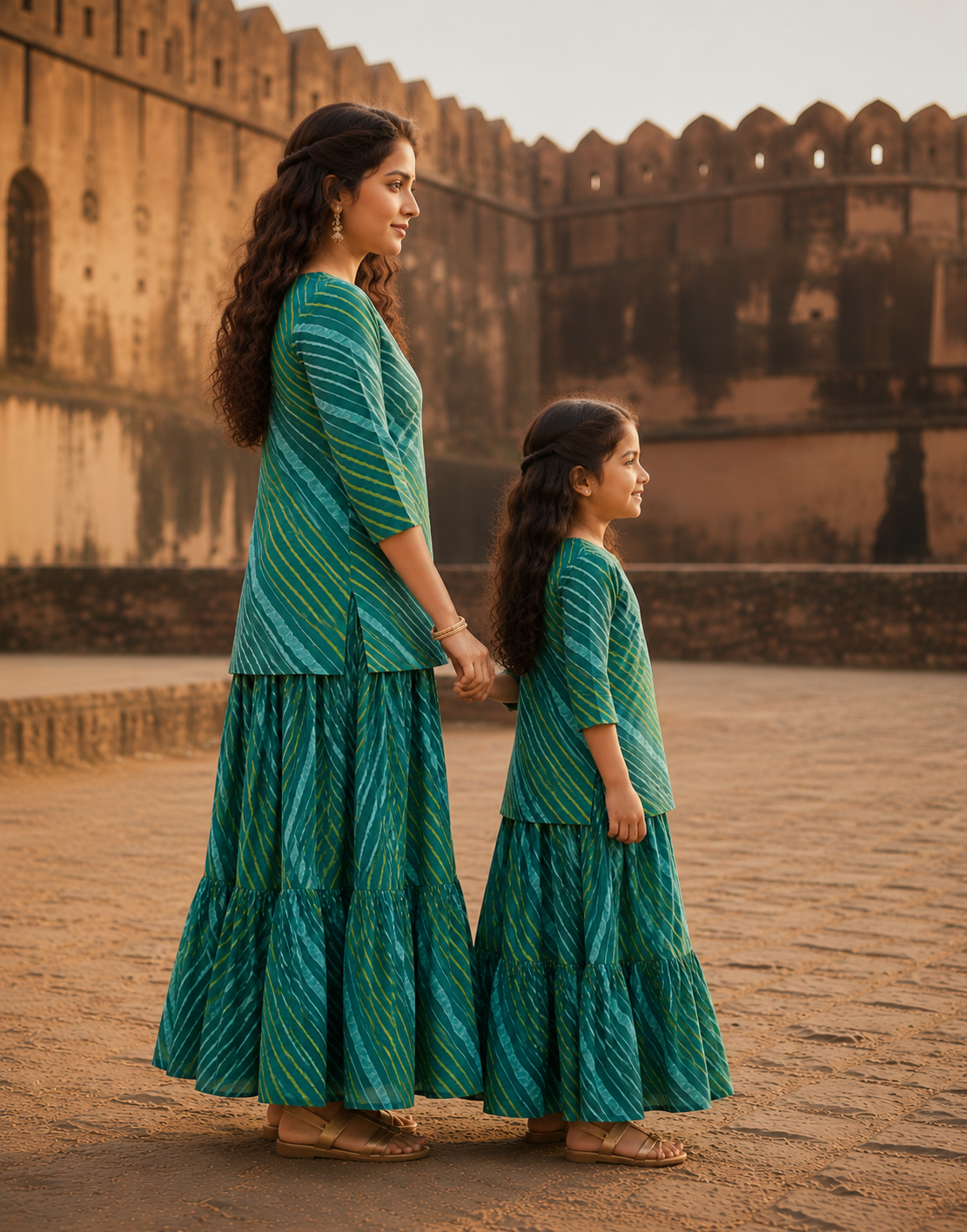 Mom & Daughter Green Striped Printed Kurta & Tiered Skirt Matching Co-ord Set