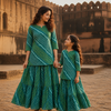 Mom & Daughter Green Striped Printed Kurta & Tiered Skirt Matching Co-ord Set