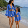 Mom & Daughter Blue Ethnic Printed Cotton Beach Wear Set with Bell Sleeve Tie-Up Top & Tassel Shorts