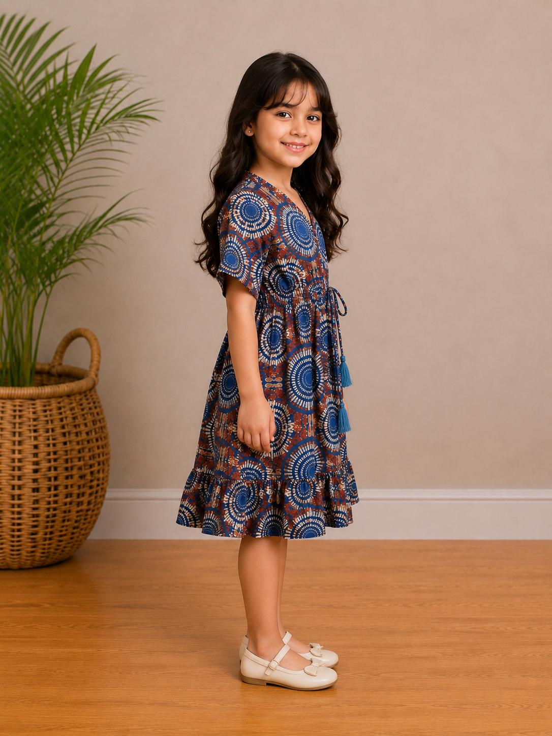 Baby Girls Boho Medallion Printed Smocked Waist Flared Midi Dress