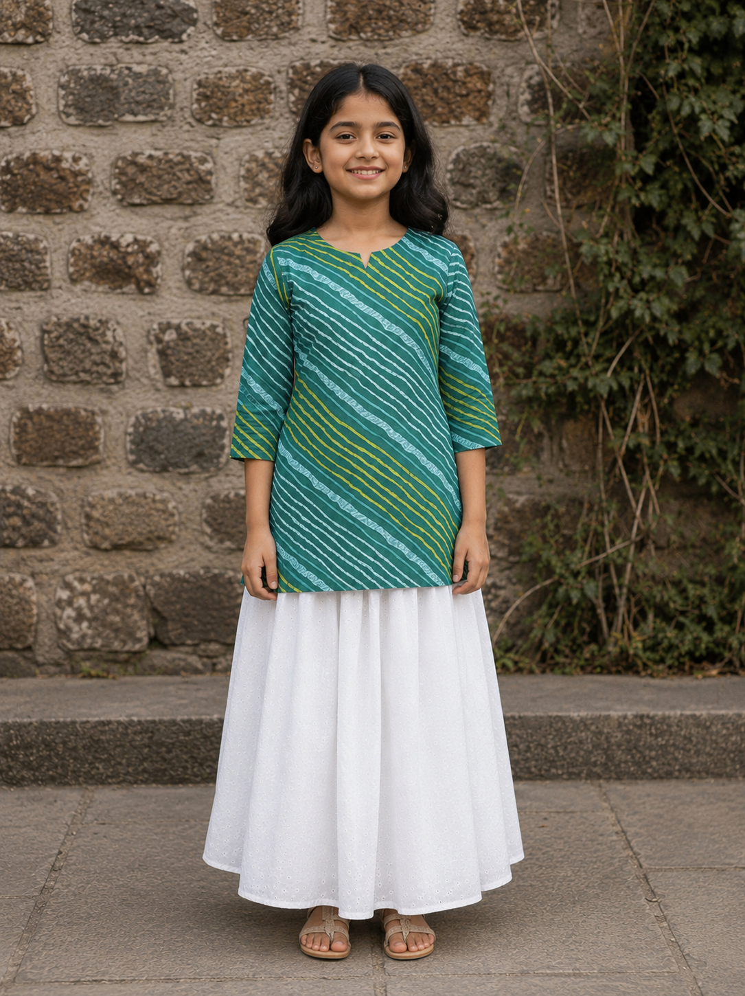 Girl's Teal Green Striped Printed Kurta with White Eyelet Flared Skirt Set