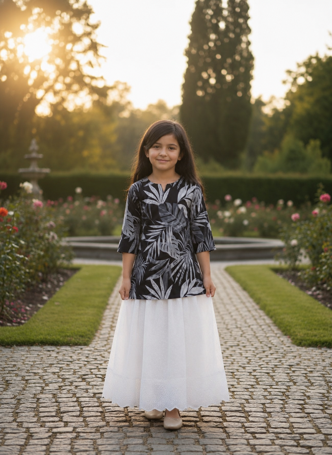 Girl's Black & White Tropical Leaf Printed Top with White Eyelet Flared Skirt Set