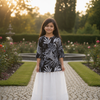 Girl's Black & White Tropical Leaf Printed Top with White Eyelet Flared Skirt Set