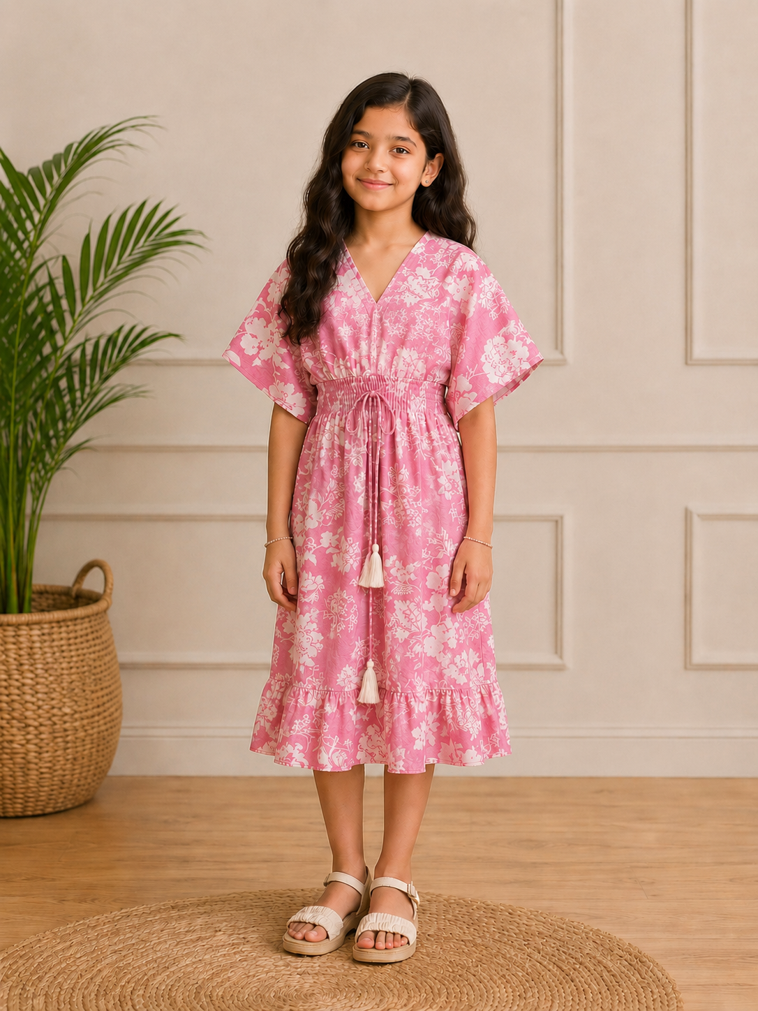 Baby Girls Cotton Pink Floral Printed Smocked Waist Midi Dress