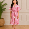 Baby Girls Cotton Pink Floral Printed Smocked Waist Midi Dress
