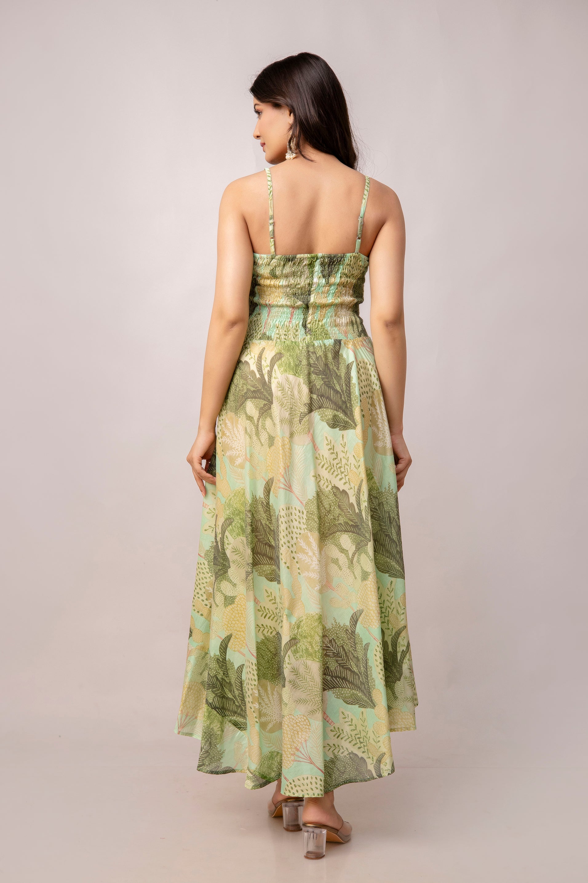 Aawari Abstract Printed Shoulder Straps Smocked Silk Sheath Dress