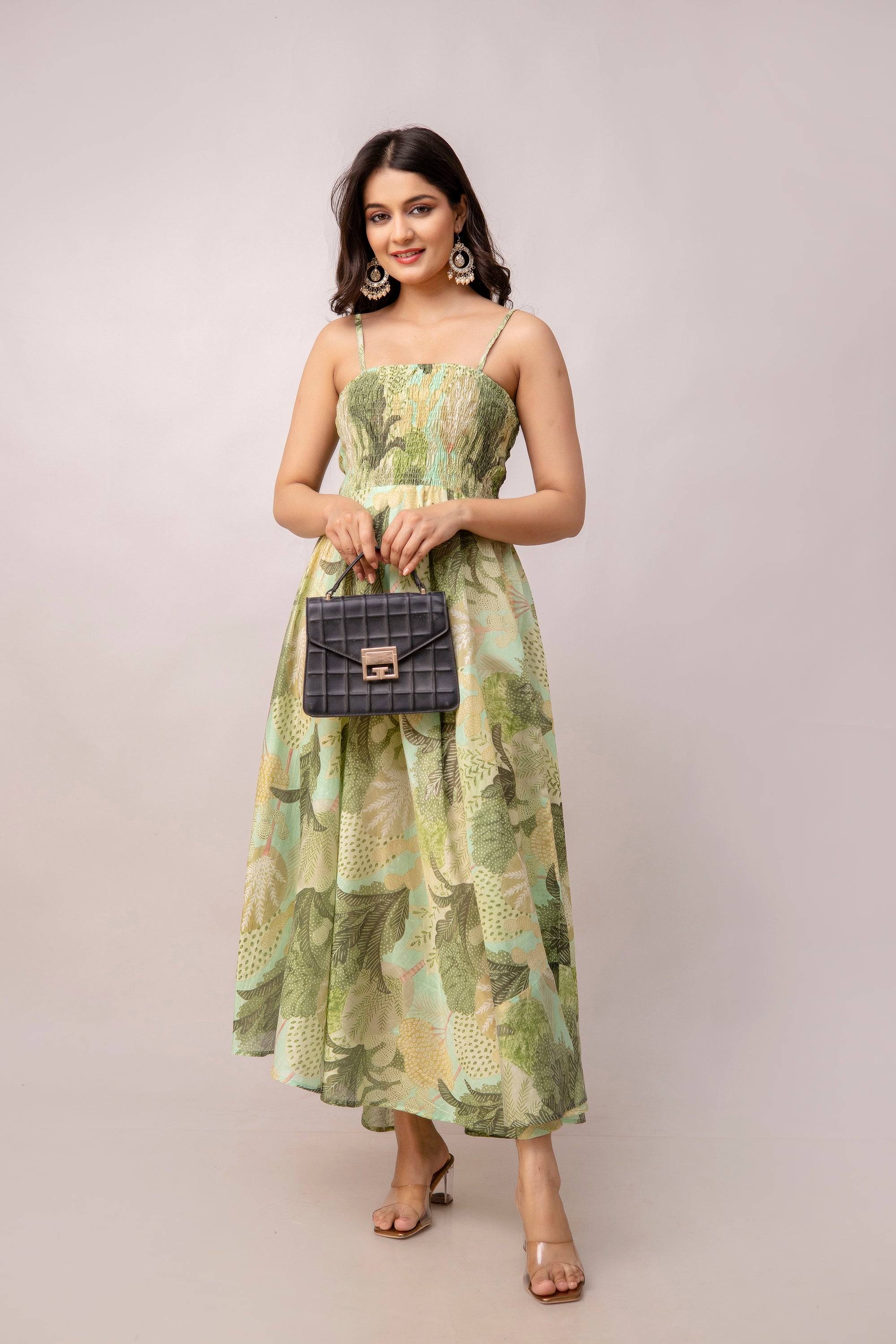 Aawari Abstract Printed Shoulder Straps Smocked Silk Sheath Dress