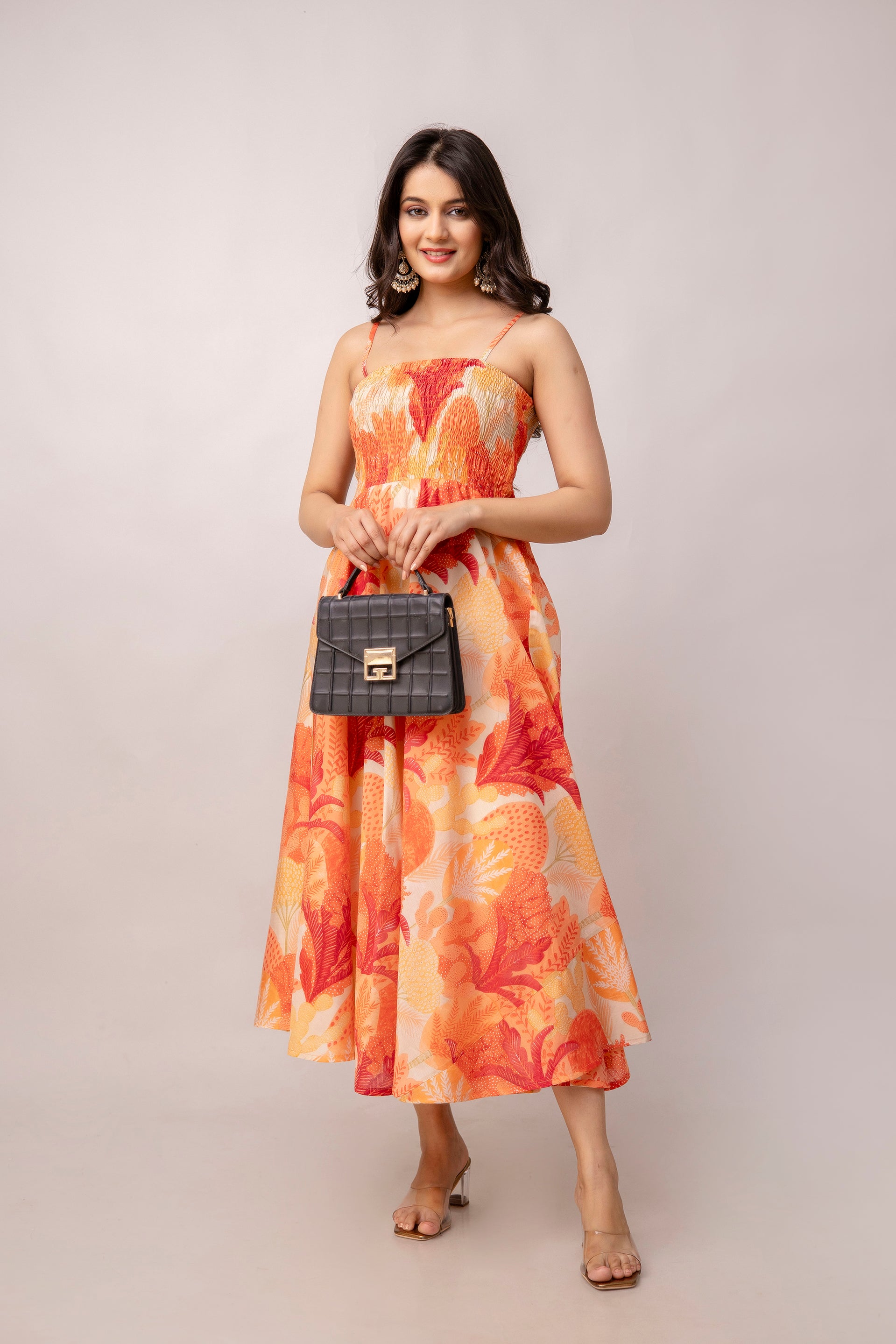 Aawari Abstract Printed Shoulder Straps Smocked Silk Sheath Dress