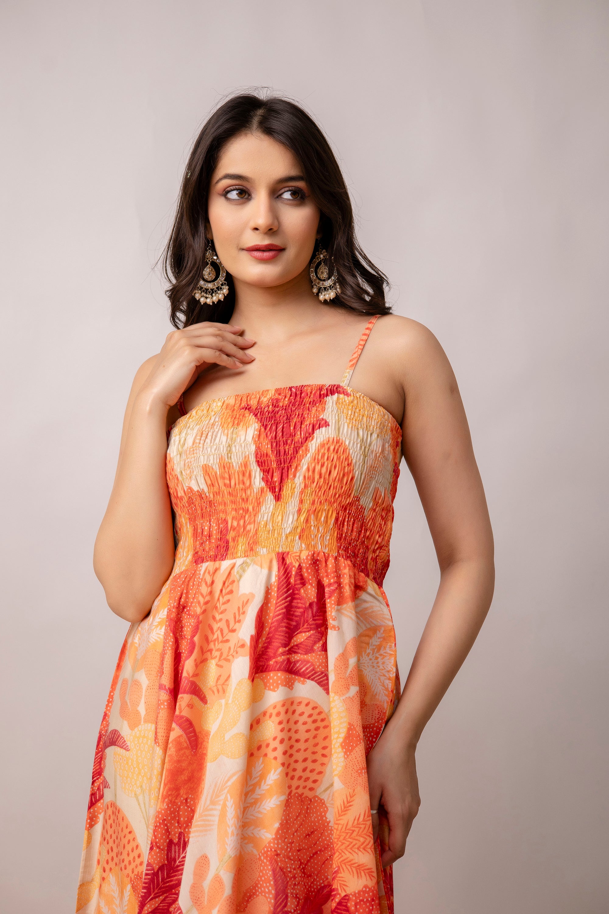 Aawari Abstract Printed Shoulder Straps Smocked Silk Sheath Dress