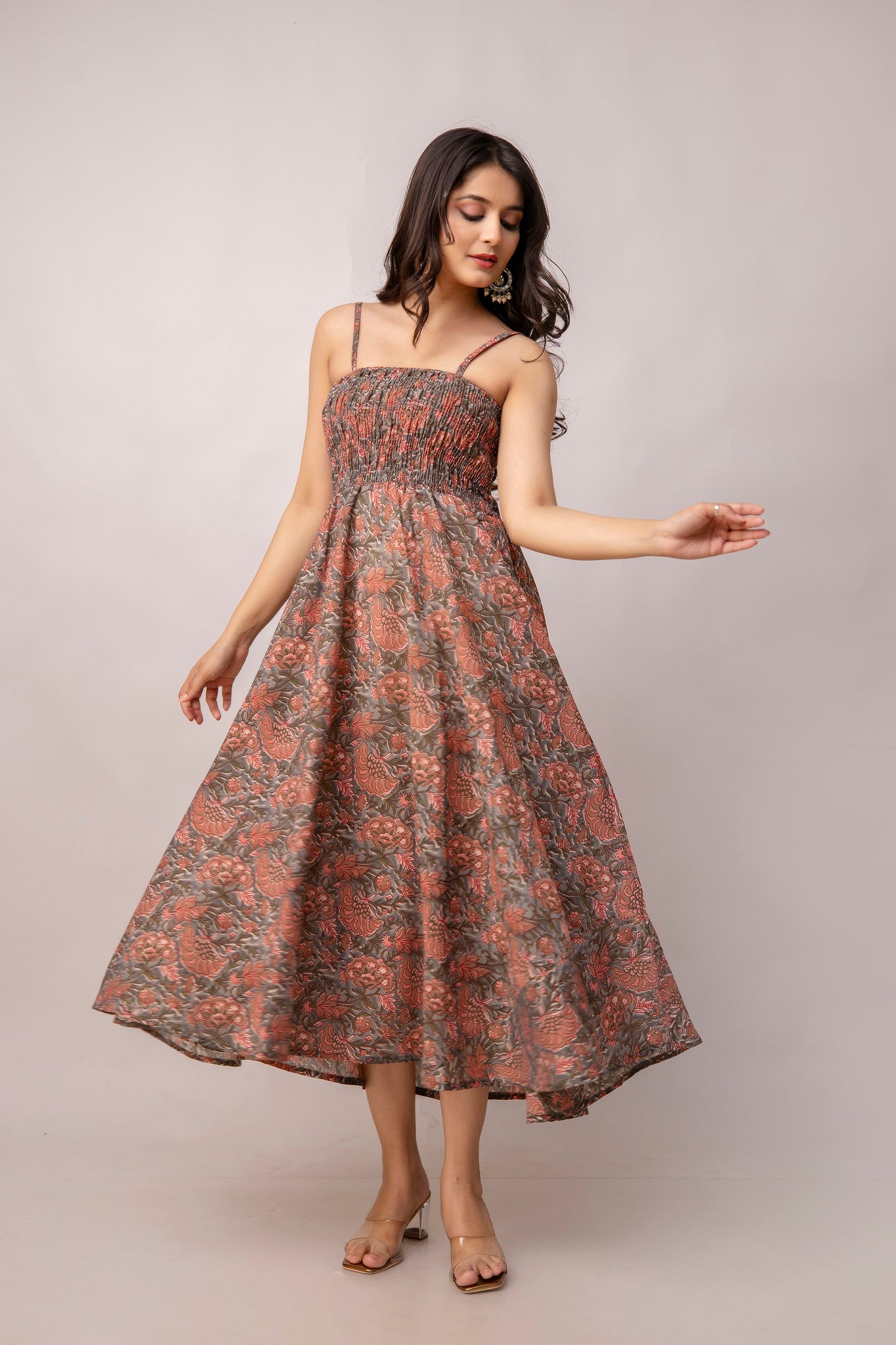 Aawari Abstract Printed Shoulder Straps Smocked Silk Sheath Dress - Western Wear