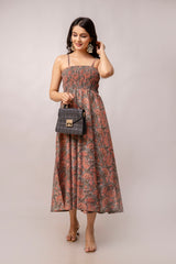 Aawari Abstract Printed Shoulder Straps Smocked Silk Sheath Dress