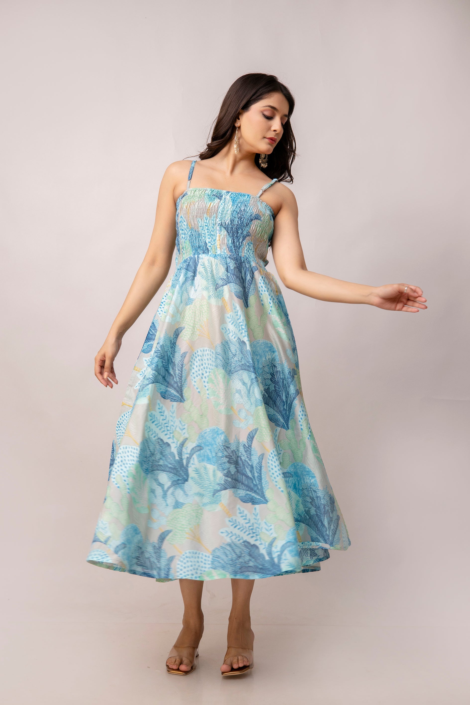 Aawari Abstract Printed Shoulder Straps Smocked Silk Sheath Dress