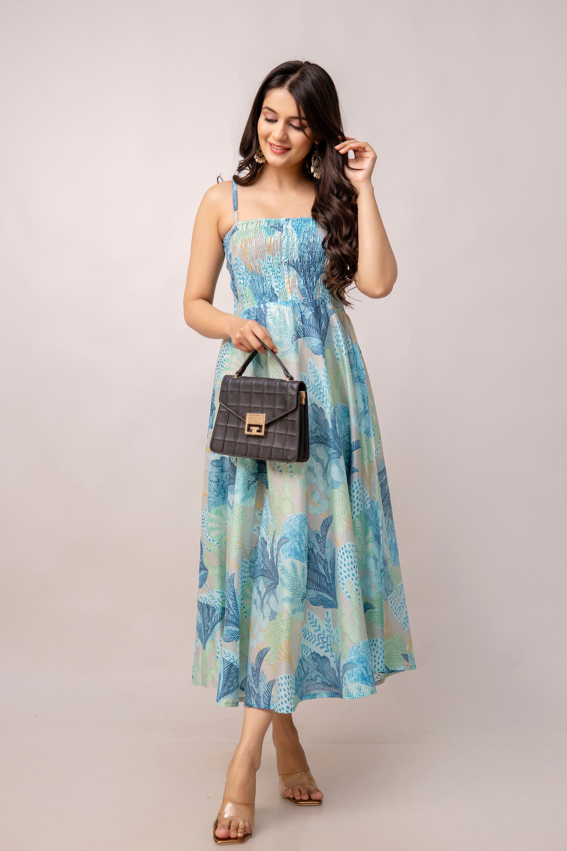 Aawari Abstract Printed Shoulder Straps Smocked Silk Sheath Dress
