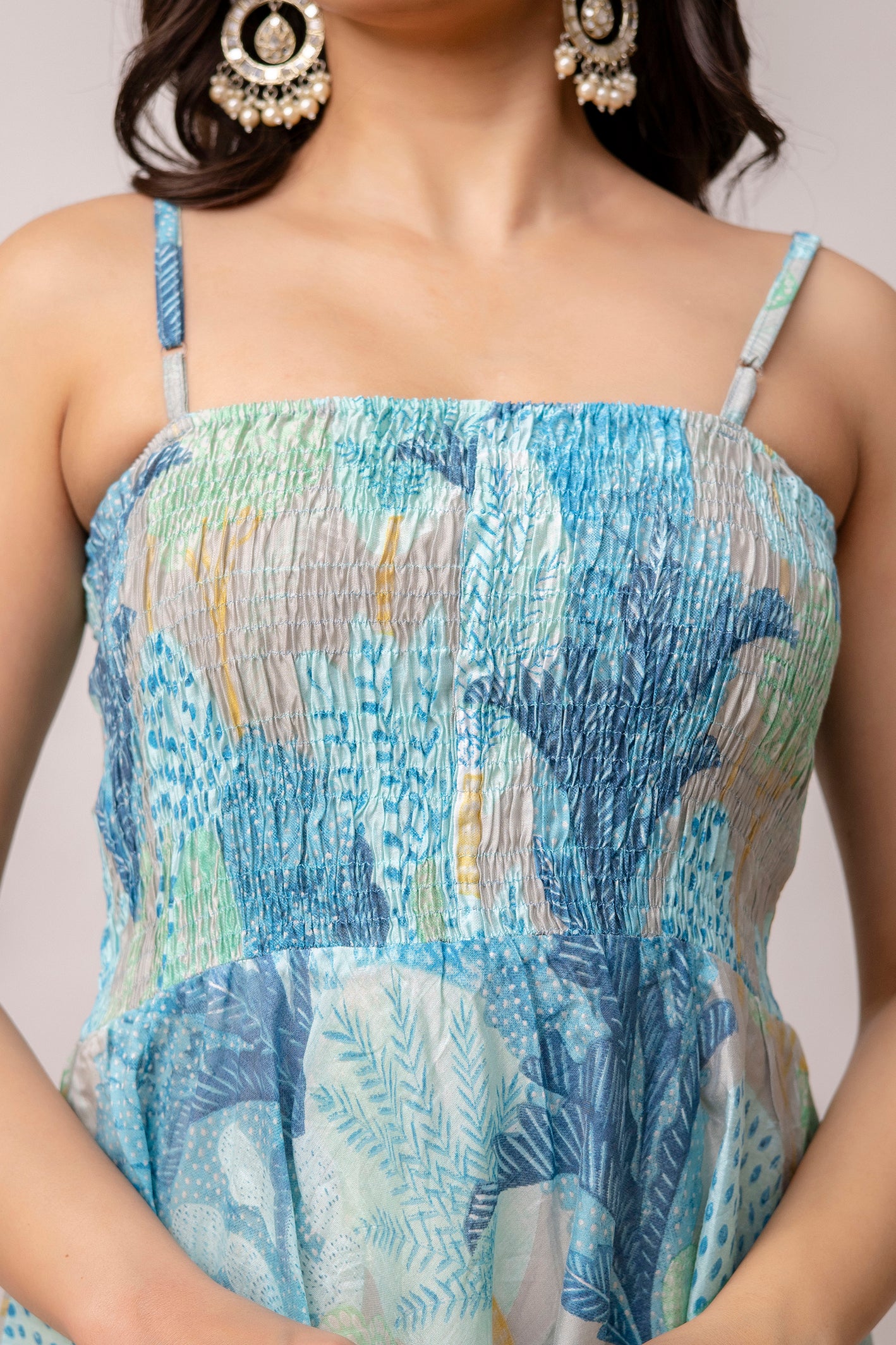 Aawari Abstract Printed Shoulder Straps Smocked Silk Sheath Dress