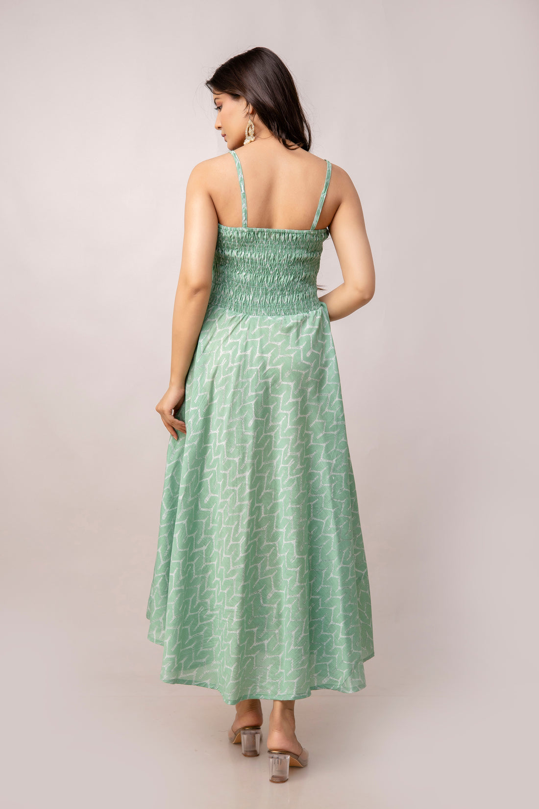 Aawari Abstract Printed Shoulder Straps Smocked Silk Sheath Dress