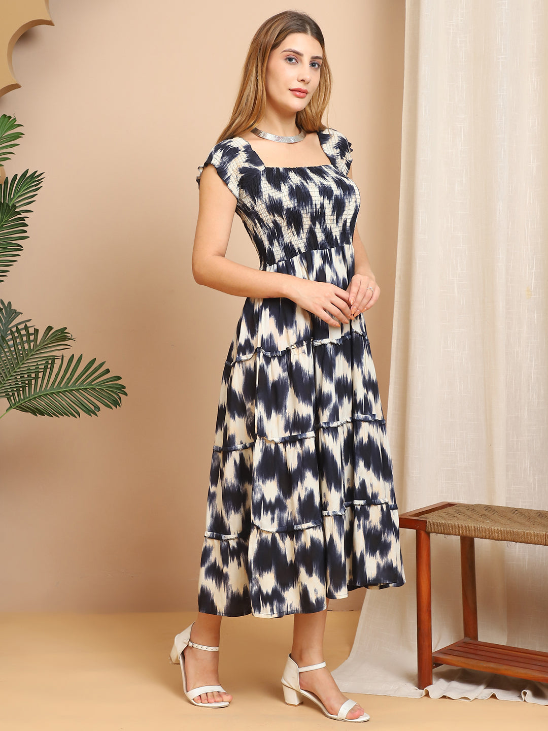 Aawari Black & White Ikat Print Rayon Smocked Dresses / Maxi Dresses / Western Wear