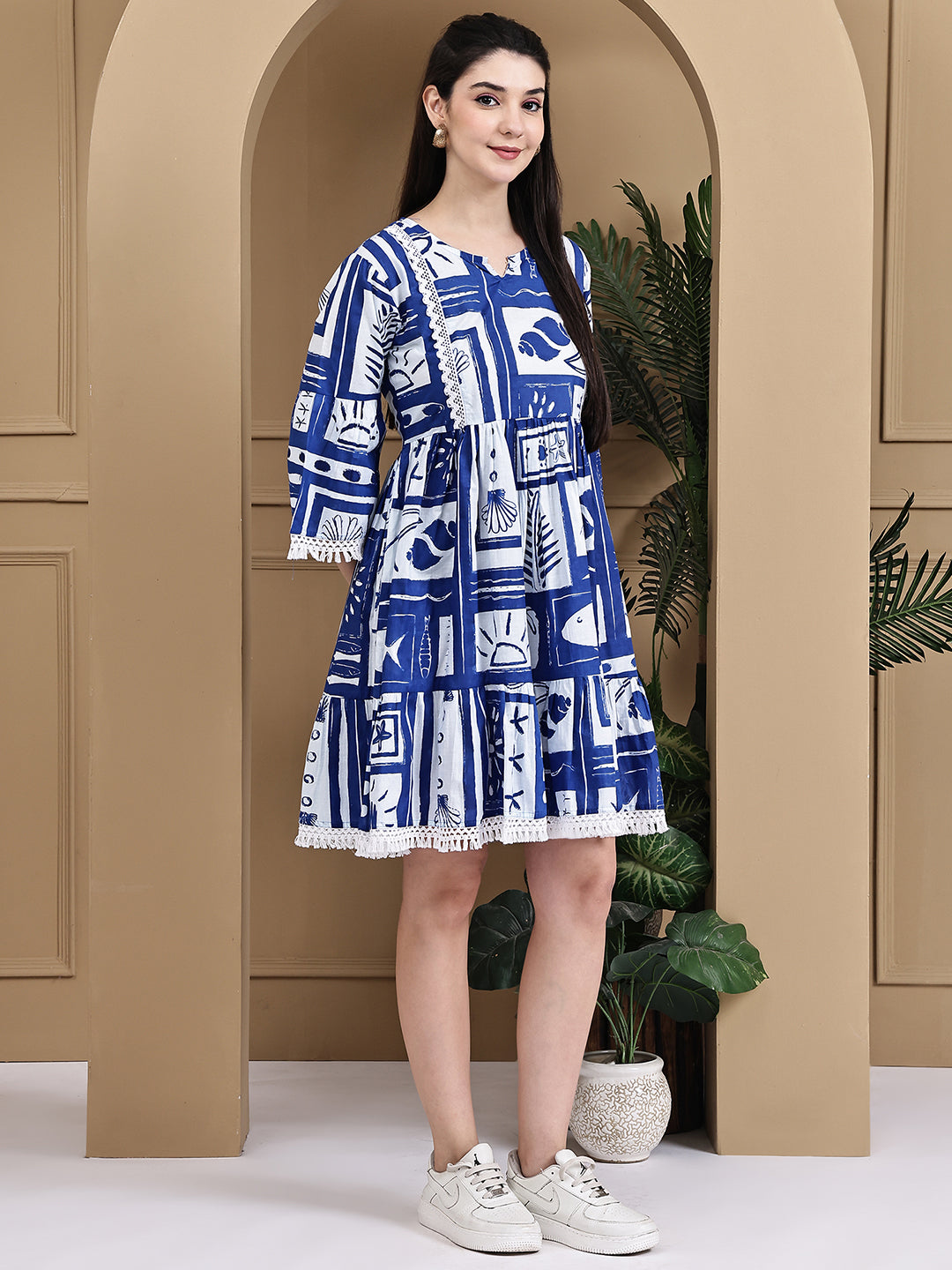 Aawari Cotton Printed Long Sleeve Dress - Midi Dress