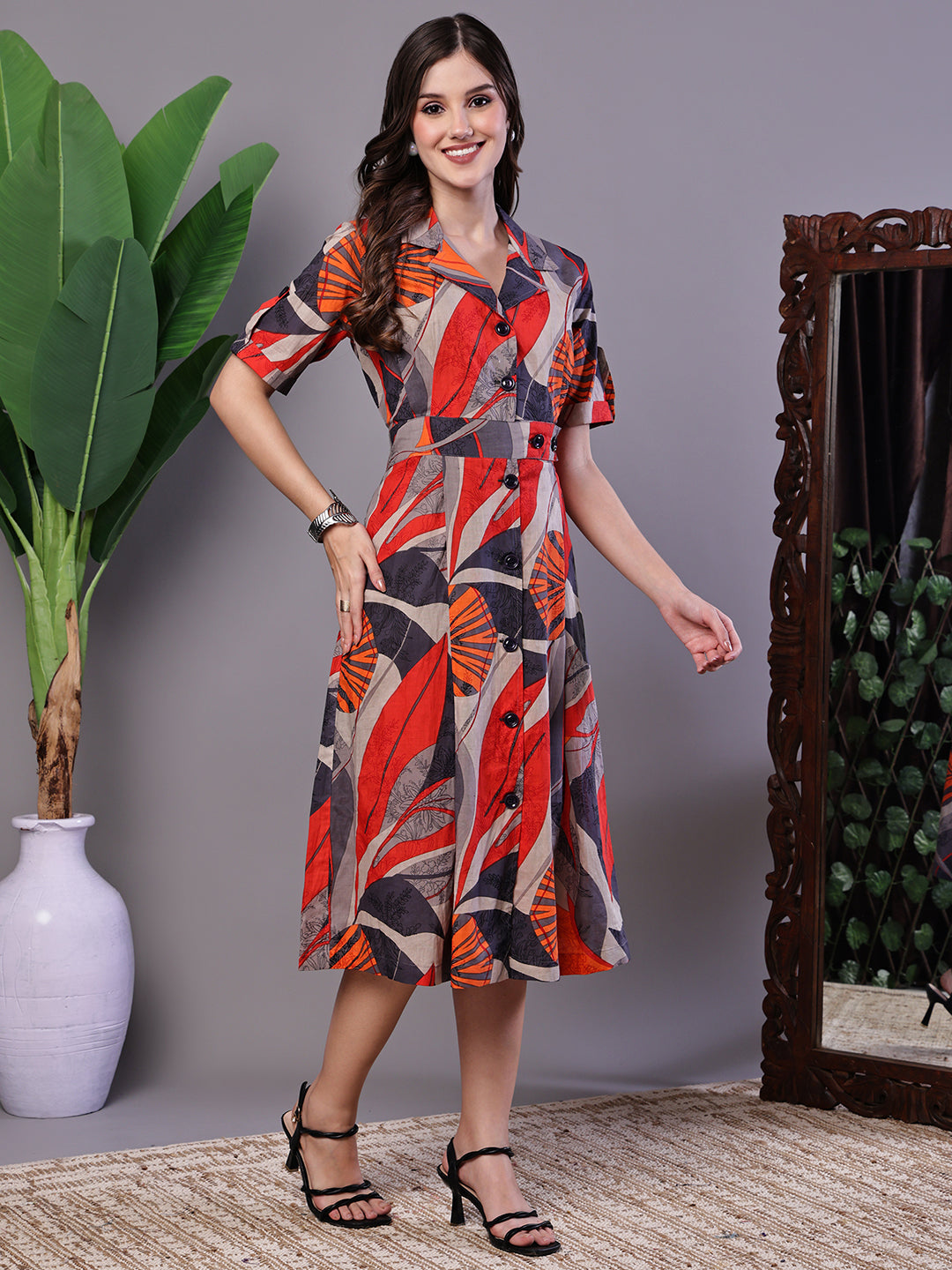 Aawari Multicolor Printed Cotton Shirt Collar Midi Dress - Midi Dresses / Western Wear / Dresses