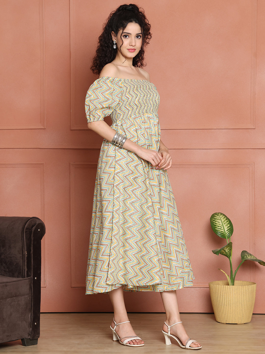 Aawari Unique Cotton Printed Off Shoulder Dress