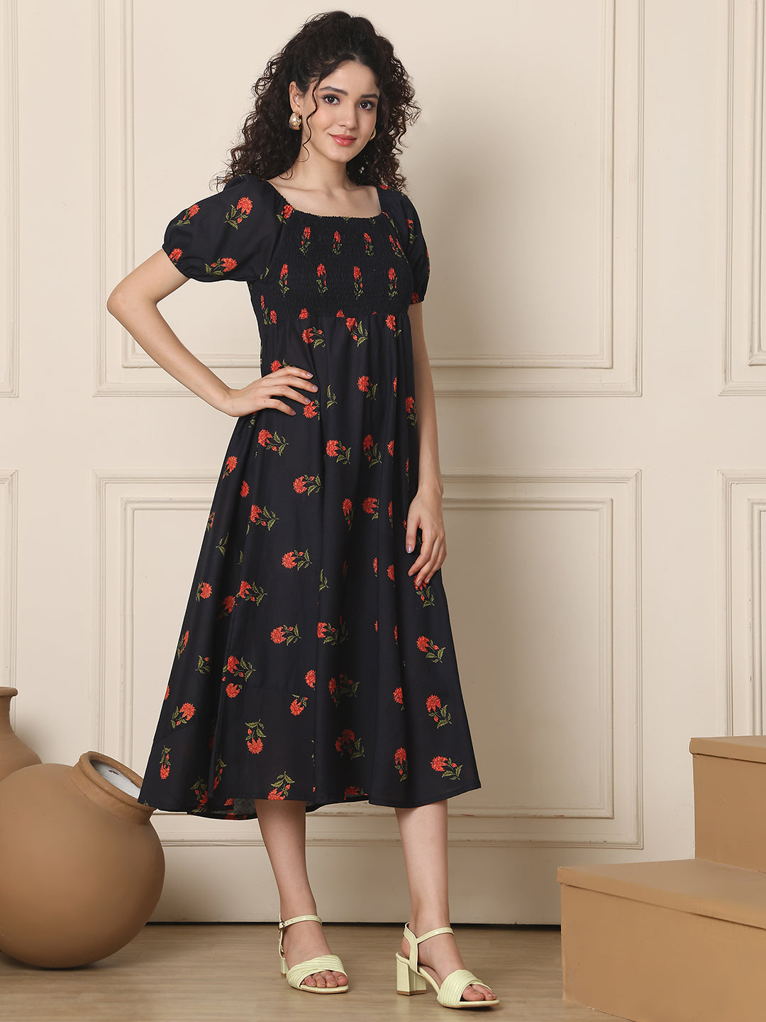 Aawari Unique Cotton Printed Off Shoulder Dress