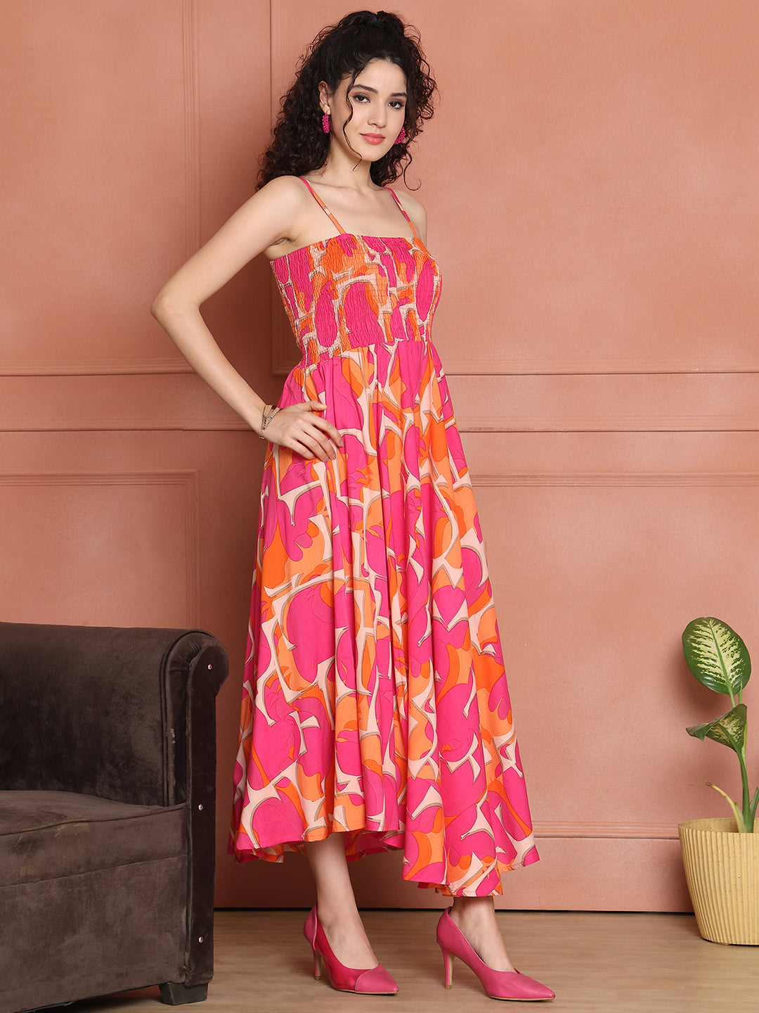 Aawari Rayon Printed Unique Spaghetti Strap Dress - Western Wear