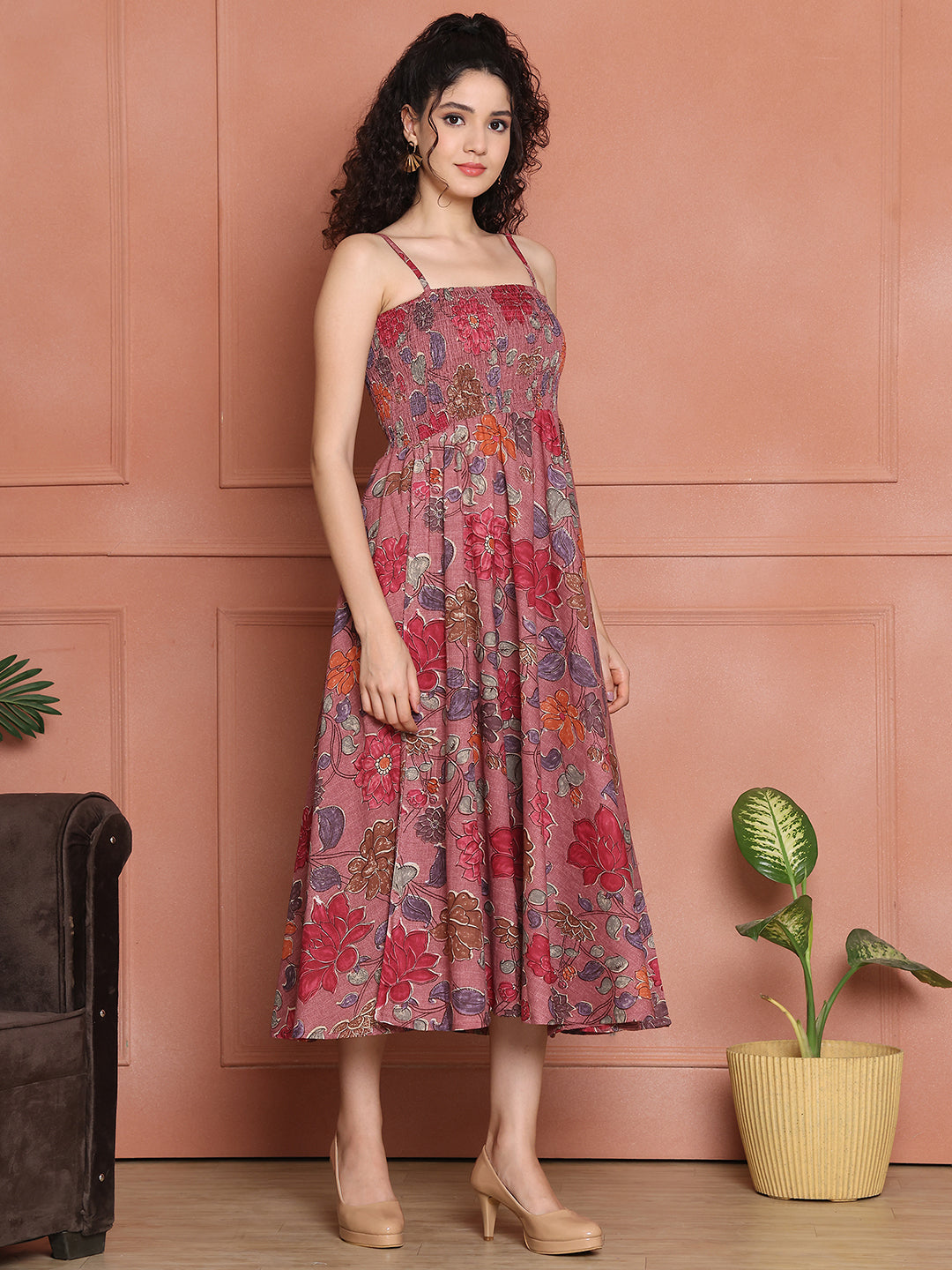 Aawari Cotton Unique Printed Spaghetti Strap Dress - Western wear