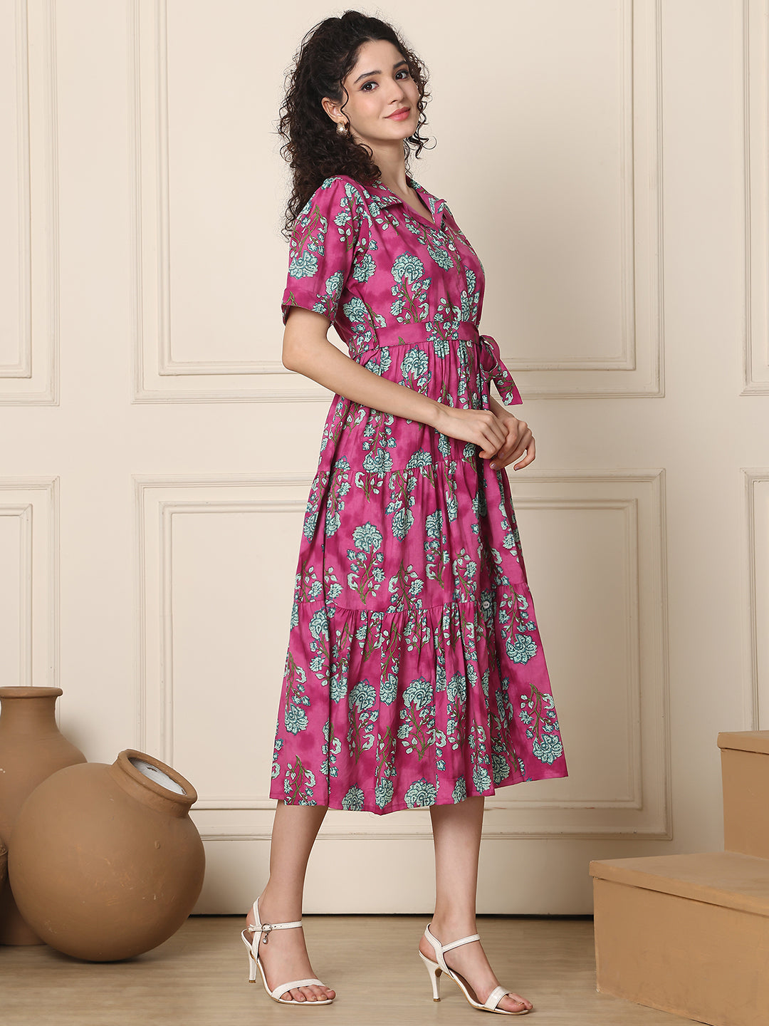 Aawari Cotton Printed Shirt Collar Dress
