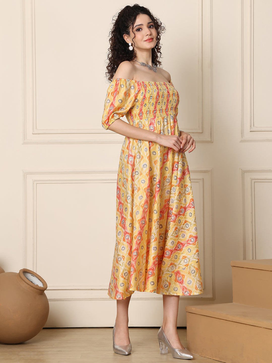 Aawari Chanderi Unique Printed Off Shoulder Dress