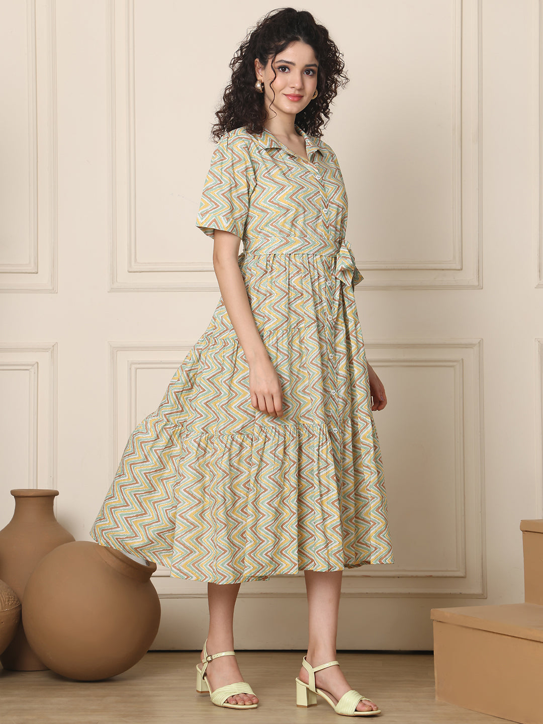 Aawari Pastel ZigZag Print Cotton Shirt Dresses With Waist Tie-Up