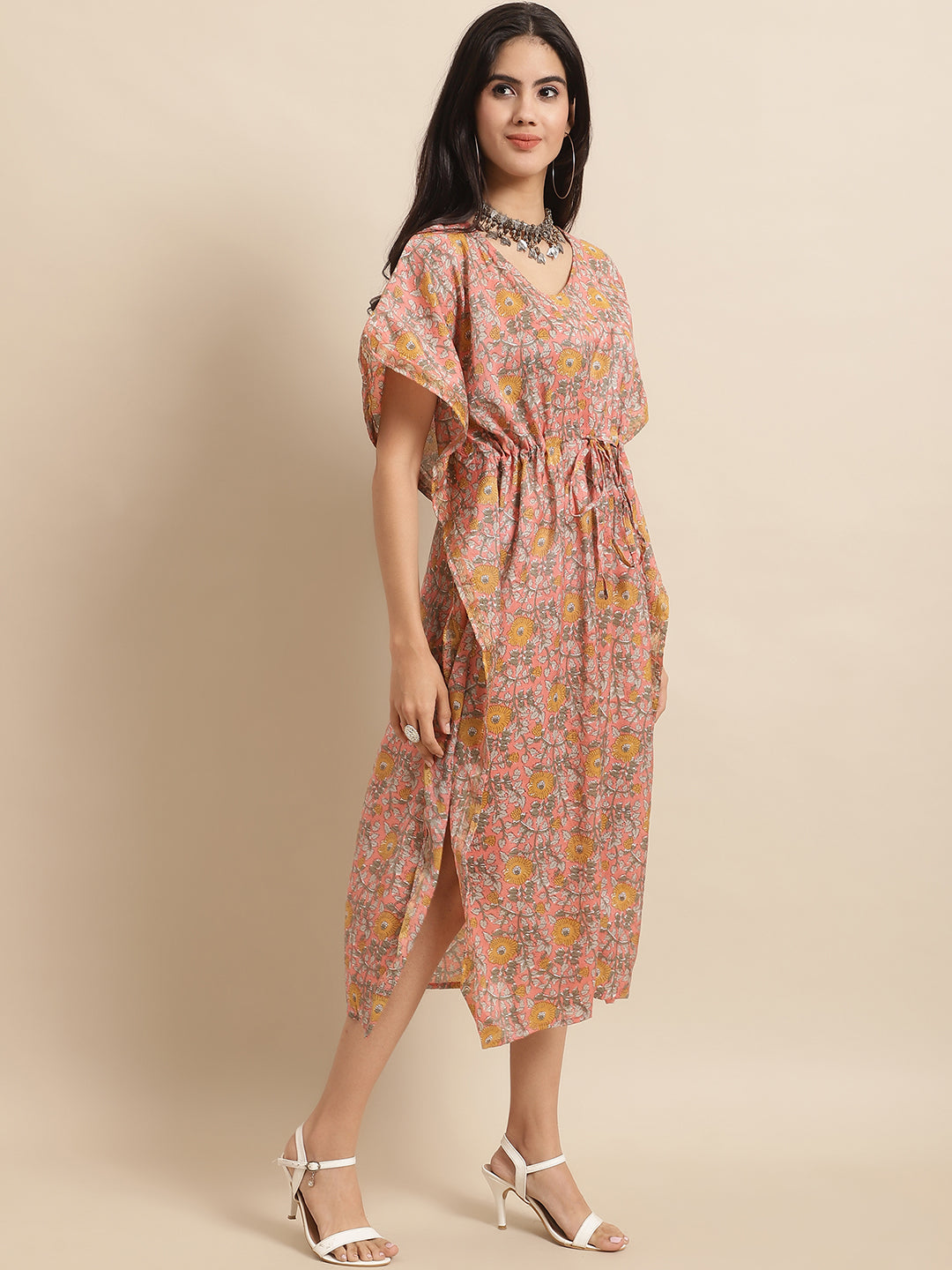 Chanderi Floral Printed Tie-Up Kaftan Gown