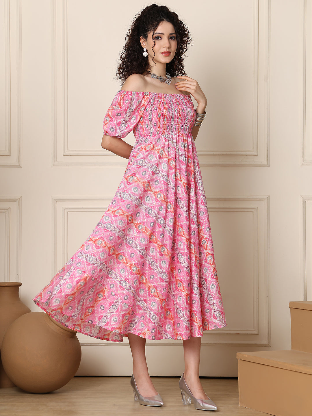Aawari Chanderi Unique Printed Off Shoulder Dress