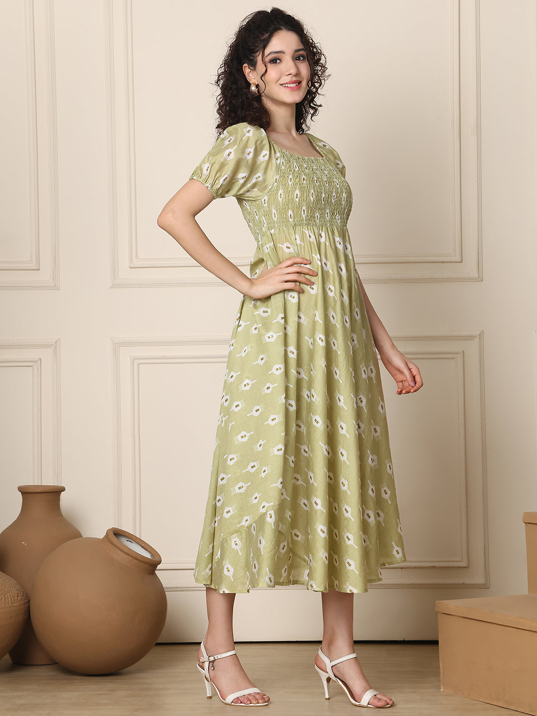 Aawari Chanderi Unique Printed Off Shoulder Dress