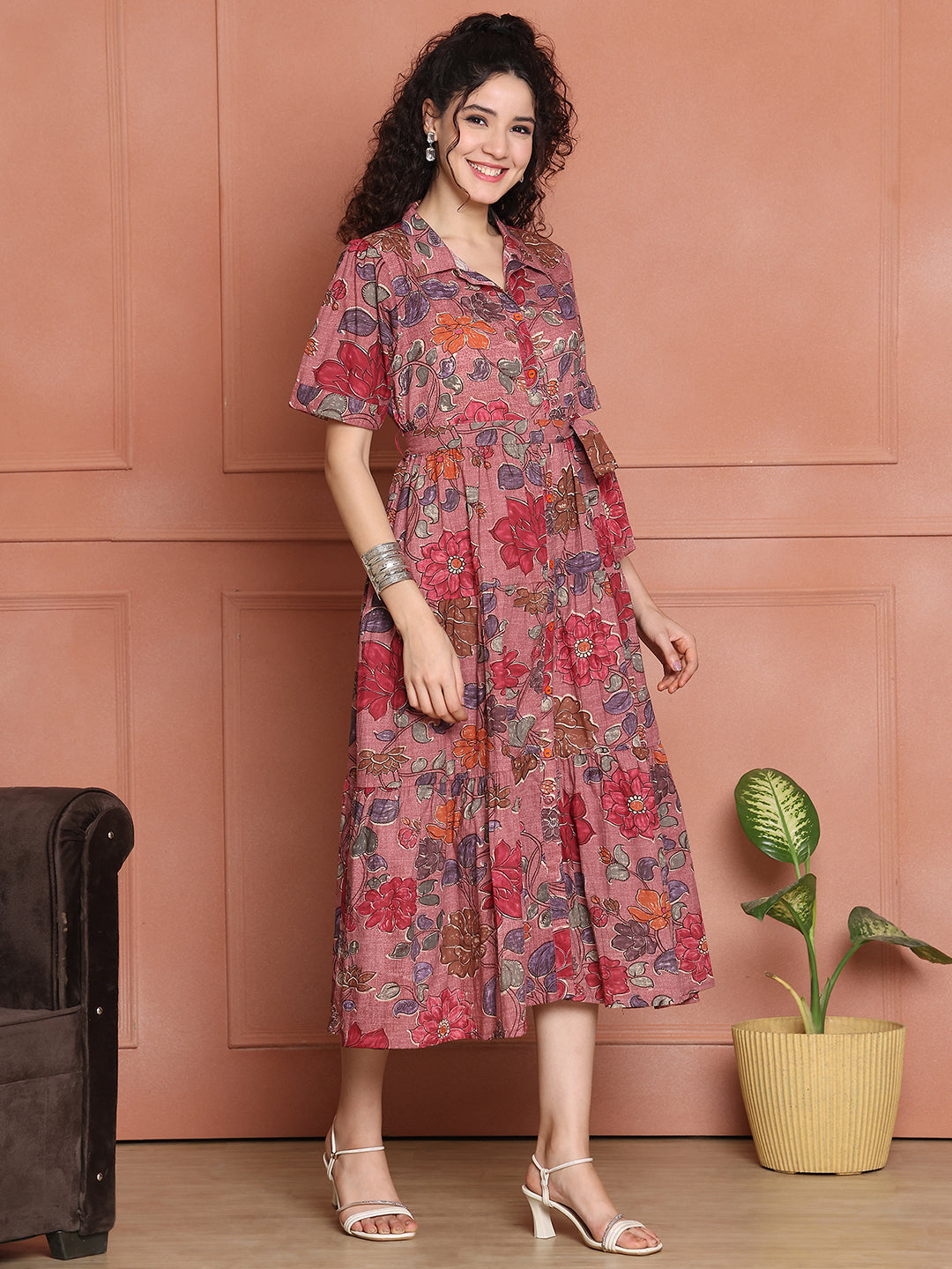 Aawari Cotton Printed Shirt Collar Dress