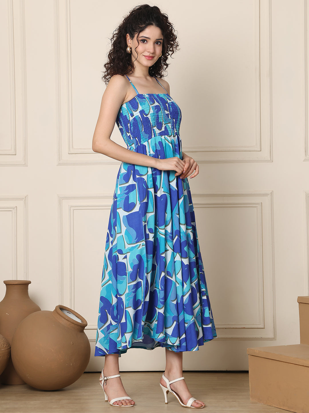 Aawari Rayon Printed Unique Spaghetti Strap Dress - Western Wear