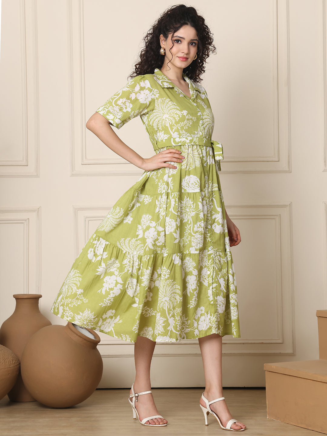 Aawari Olive Green Floral Print Shirt Dresses With Waist Tie-Up