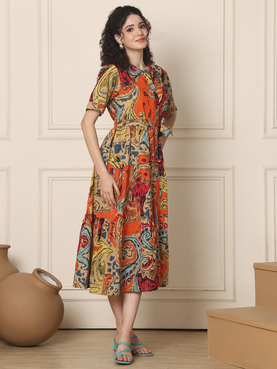 Aawari Cotton Printed Shirt Collar Dress