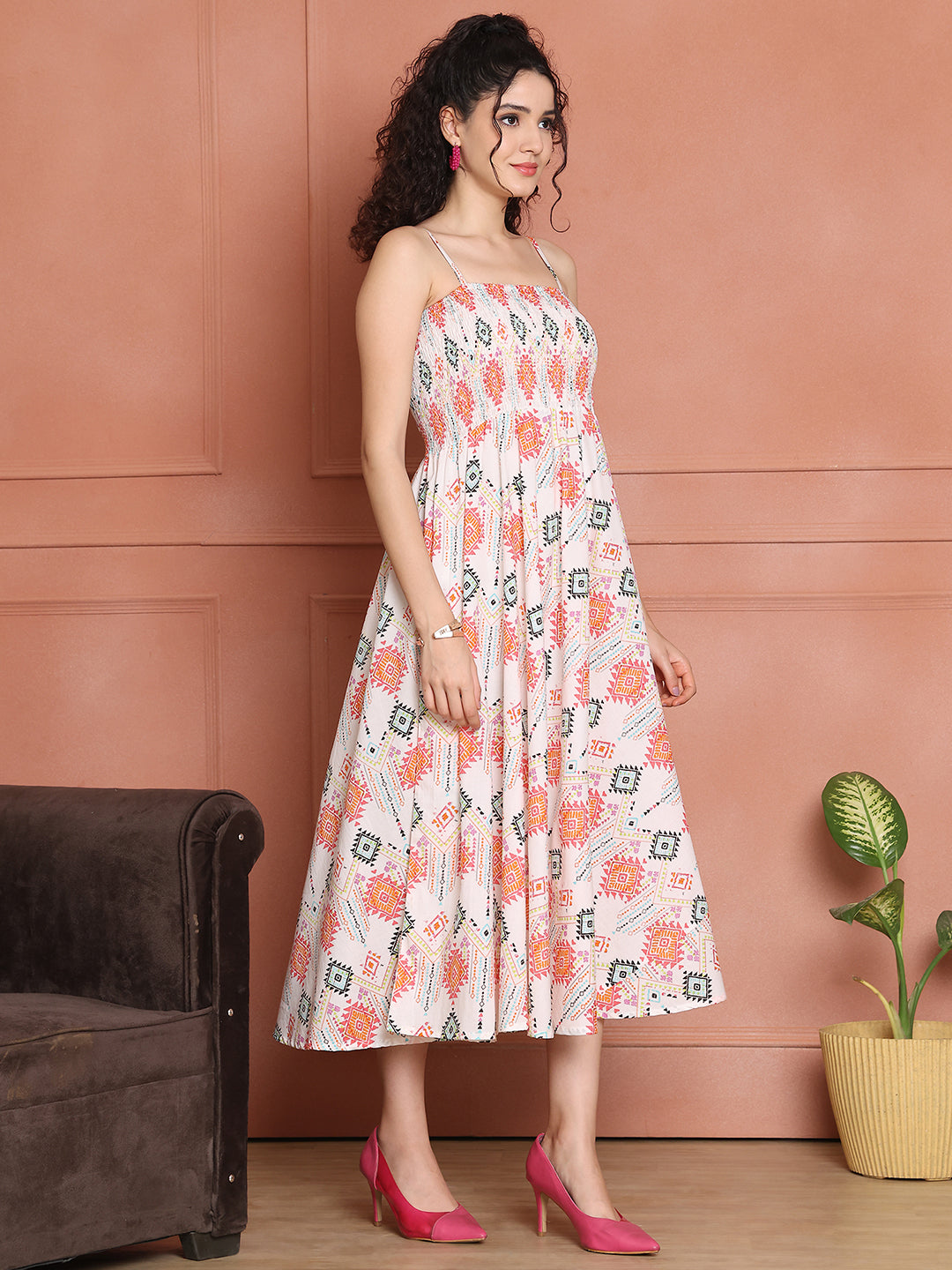 Aawari Cotton Unique Printed Spaghetti Strap Dress - Western wear