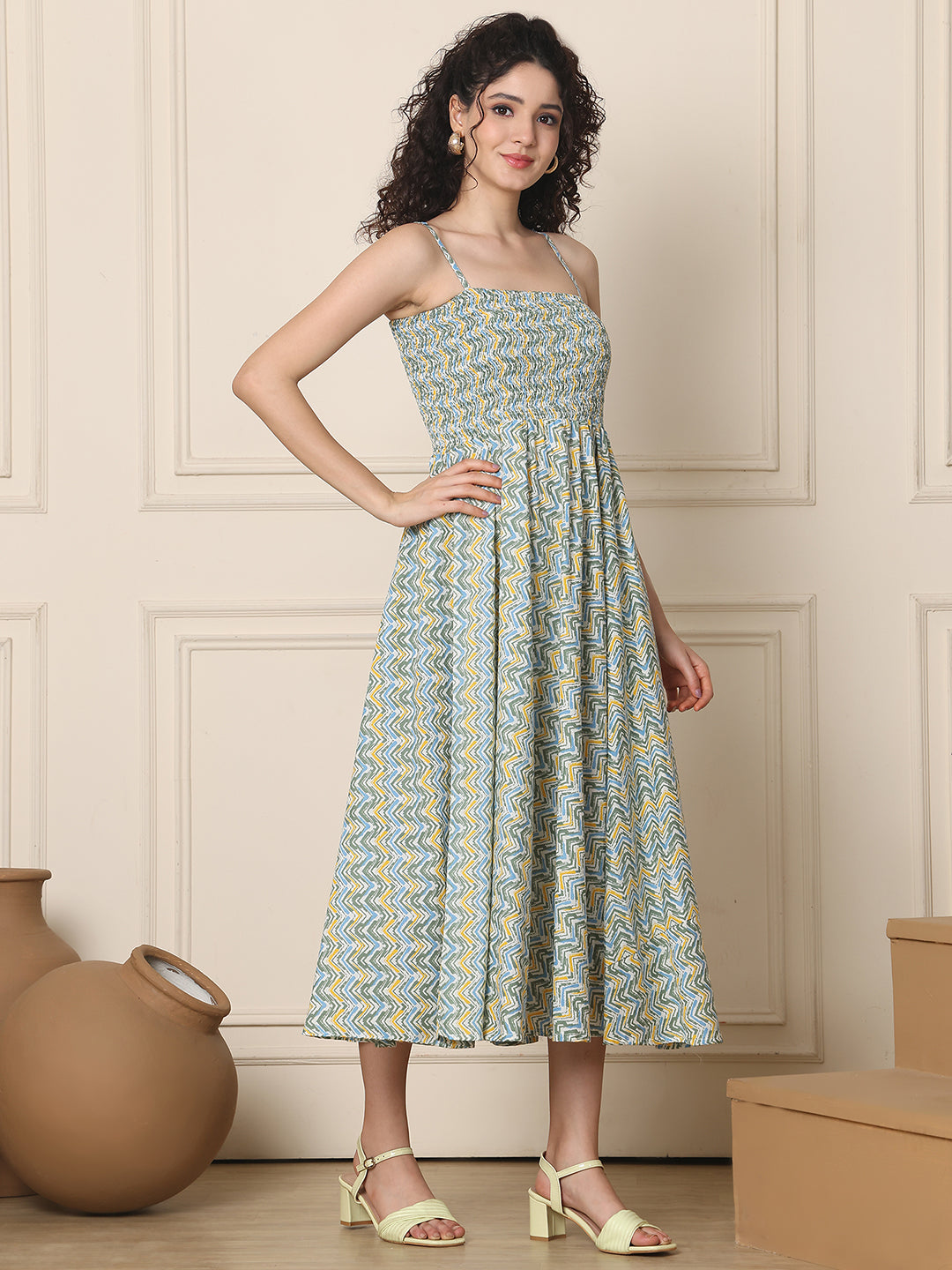 Aawari Cotton Unique Printed Spaghetti Strap Dress - Western Wear